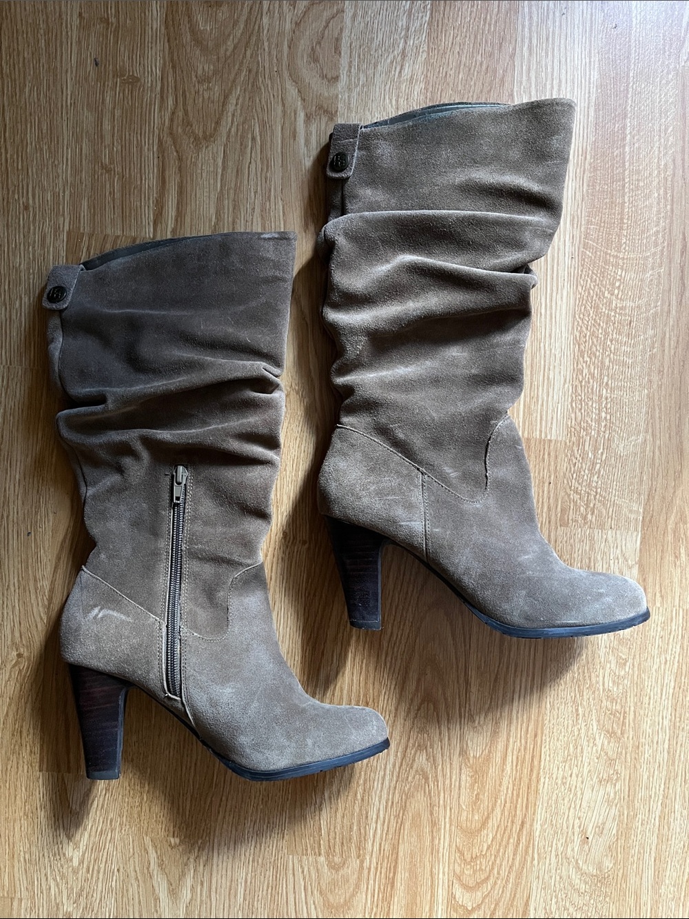 BCBG Paris Taupe Suede Mid-Calf Heeled Boots